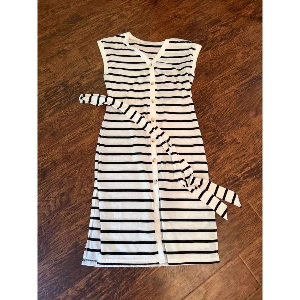 Striped Sleeveless Button Down Midi Dress White Black Belted V-Neck Size M